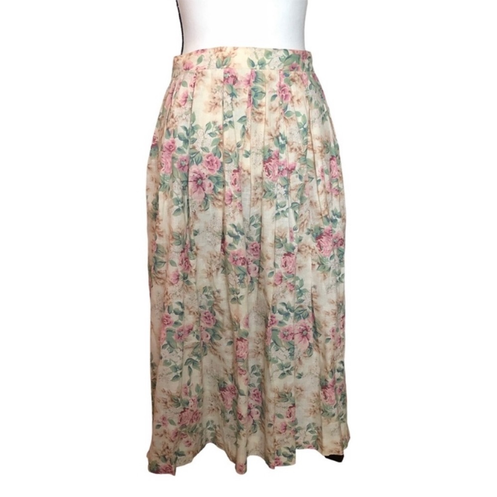 Vintage Susan Bristol Floral Midi Skirt Neutral Linen Cotton Cottagecore Size 12